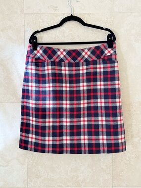 🇺🇸 Talbots Navy Red White Blue Plaid A-Line Mini Skirt Wool Blend Size 14 EUC